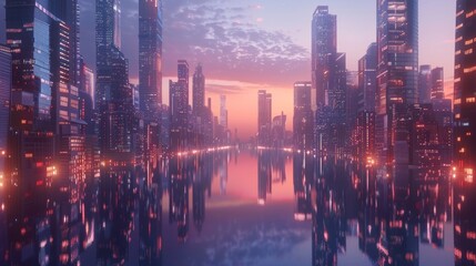 3D of a futuristic cityscape at dusk with skyscrapers and neon lights reflecting in a tranquil river below