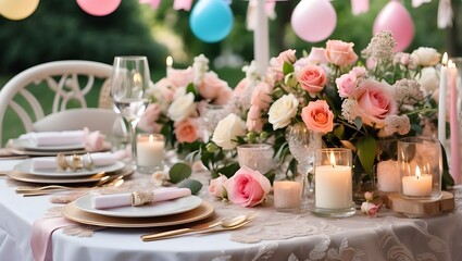 Birthday party decorated with flowers and candles, outside wedding table, happy birthday invitation card, wedding invitation card, and table with flowers and candles on a spring summer background 