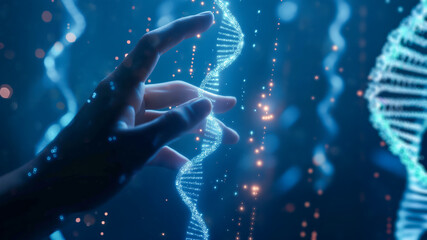 DNA helix being manipulated by human hand, digital blue bokeh cyberspace background - obrazy, fototapety, plakaty