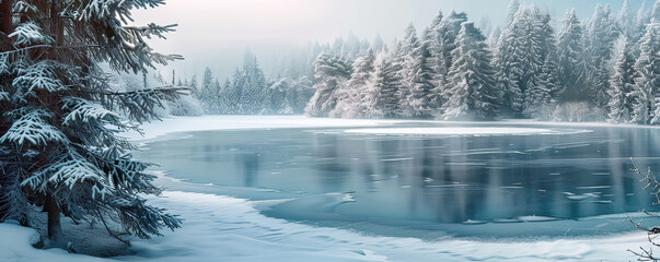 Obraz premium Breathtaking winter landscape featuring a serene frozen lake surrounded by snow-covered trees under a clear blue sky.