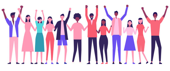 Illustration featuring a diverse group of cheerful people raising their hands in celebration, showcasing unity, joy, and diversity in flat design style