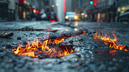 Dramatic urban scene showing small fires burning in the streets, highlighting public safety and infrastructure issues.