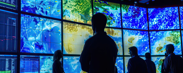 Silhouetted figures observe numerous screens displaying global data and maps in a modern, high-tech control room.
