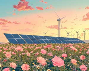 Colorful illustration of a renewable energy farm featuring wind turbines and solar panels amidst vibrant wildflowers.