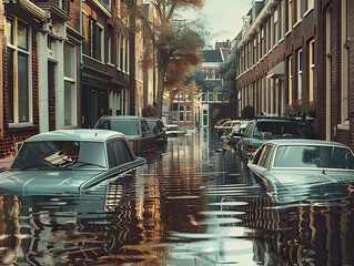City street submerged under water following intense rainfall, with cars partially underwater in a flooded urban area.