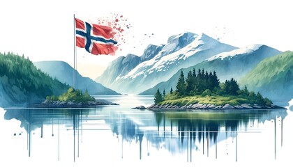 Watercolor illustration with a norwegian landscape for norway constitution day.