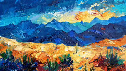 An expressive oil painting capturing a desert mountain landscape at sunset, featuring bold, layered brush strokes in a spectrum of blues and fiery oranges.
