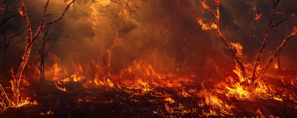 A severe forest fire at night, flames consuming tall trees and creating a dramatic, fiery landscape.