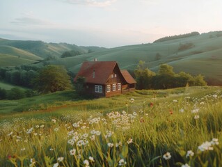 A countryside setting with rolling hills, blooming wildflowers and charming farmhouse in the landscape
