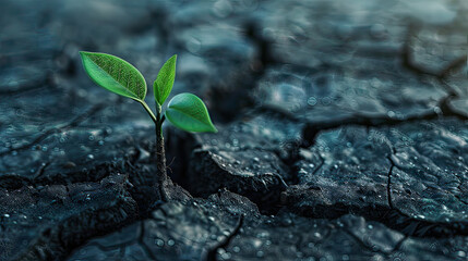A young green plant sprouting from cracked, dry soil symbolizing hope and resilience.