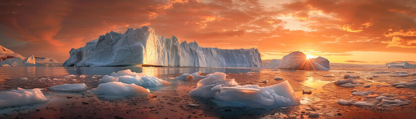 Breathtaking sunset illuminating a dramatic seascape filled with icebergs and fiery skies.