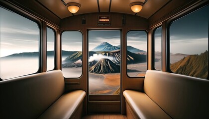 Dramatic view of volcanic mountains through a vintage train window, featuring a panoramic scene of rugged terrain and rising smoke.