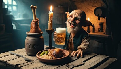 Cheerful fantasy dwarf character laughing while having a meal of roast and beer in a rustic tavern setting.