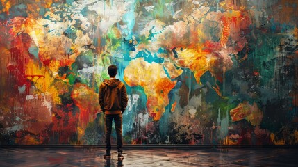 A boy gazes at a colorful abstract painting of the world map.