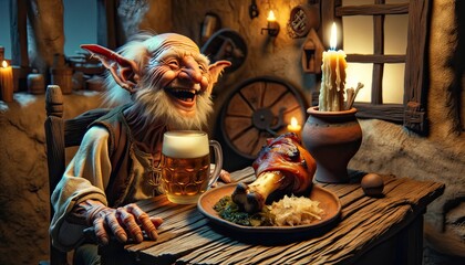 Cheerful fantasy dwarf character laughing while having a meal of roast and beer in a rustic tavern setting.