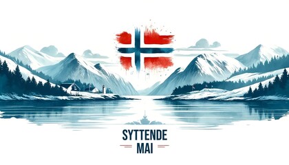 Watercolor illustration for celebrating norway's constitution day with a tranquil beauty of a norwegian fjord landscape. - Powered by Adobe