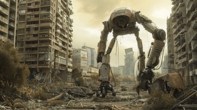 Render the robotic innovations in a decaying urban setting from a birds eye view