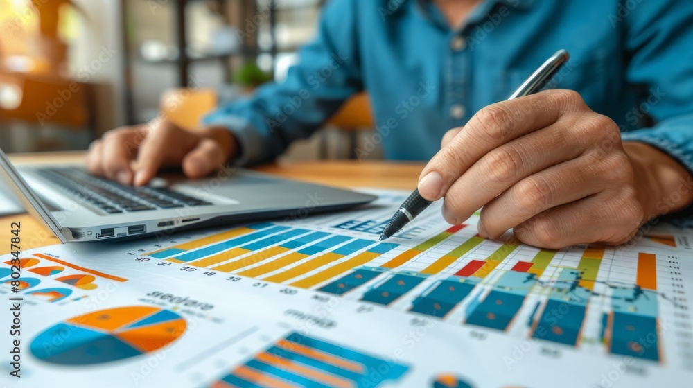 Poster a businessman is analyzing graphs and charts while using a laptop.