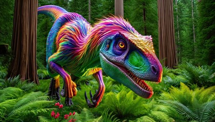 Digital art of a vibrant, colorful velociraptor in a lush, dense jungle setting, bringing prehistoric scenes to life with vivid imagination.