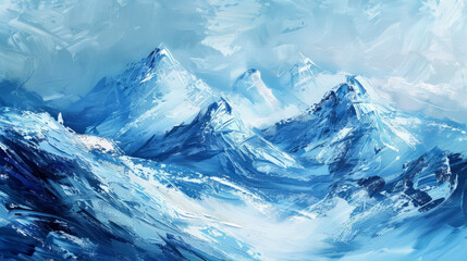 An evocative painting capturing the majestic beauty of icy blue mountains with sweeping, expressive brush strokes that convey the chill and grandeur of a winter scene.

