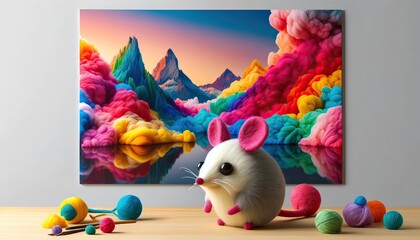 A whimsical crafting scene depicting a playful mouse surrounded by vibrant balls of yarn with a backdrop of colorful mountains.