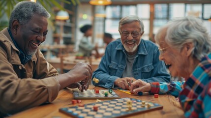 Group of seniors playing board games and socializing at a community center