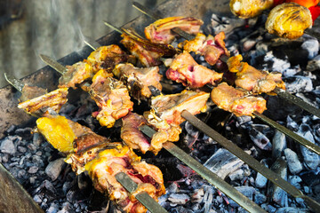 A lot of kebab skewers on the grill, on the coals close-up in the smoke