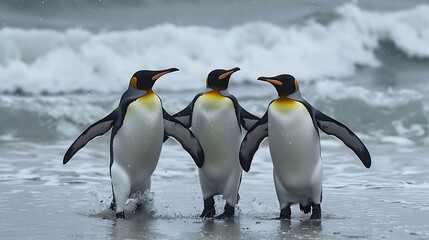 Obraz premium Three king penguins appear to be using their wings and holding hands as they dance in the surf on a beach