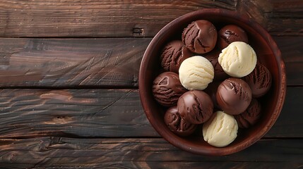 Top view of chocolate and vanilla ice cream balls shot on rustic wooden table