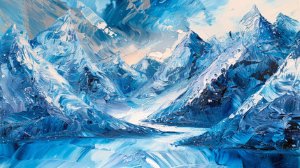 Expressive and dynamic oil painting depicting towering snowy mountains with a vivid blue palette, capturing the essence of a cold, icy landscape.
