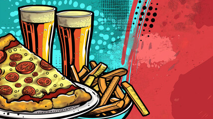 Pop art pizza and fries, beer. Colorful background in pop art retro comic style. Fastfood concept - obrazy, fototapety, plakaty