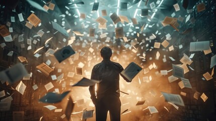 A businessman is standing in a room full of flying papers.