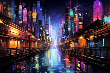 A vibrant cityscape with a river running through the middle