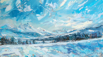 A vibrant impressionistic painting capturing a sweeping winter landscape, with expressive brush strokes depicting snowy mountains and icy blue skies.
