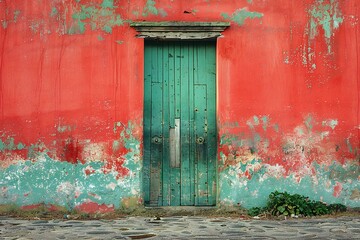 Old green door on the wall of an old house in Havana, Cuba - Powered by Adobe