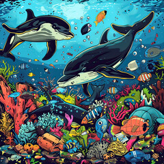 Illustration of a vibrant underwater scene filled with colorful tropical fish swimming among coral reefs.