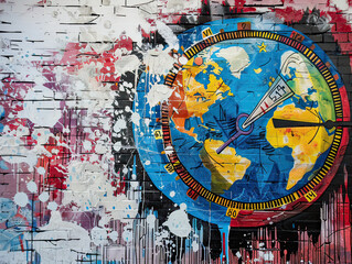 Creative representation of the Earth on a colorful, textured map with measurement tools, highlighting global geography.
