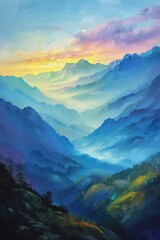 View of a mountain range at sunrise in a traditional oil painting