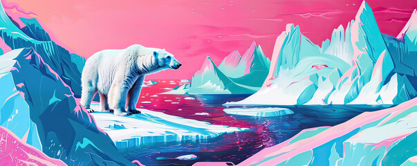Artistic representation of a polar bear wandering through a stylized Arctic landscape with surreal, colorful ice formations.