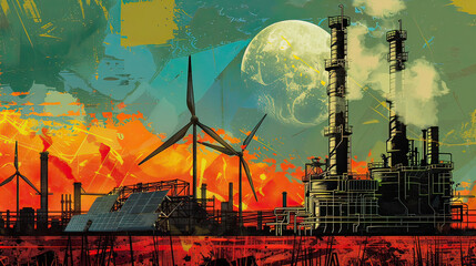 Futuristic industrial landscape featuring wind turbines and solar panels against a dramatic sunset, depicting renewable energy.