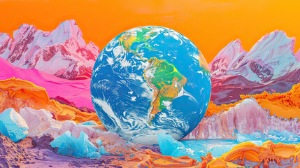 A surreal depiction of Earth resting in an alien landscape, featuring vivid mountains and strikingly colorful terrain.