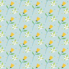 Seamless soft patttern with white, yellow flowers, green leaves for wrapping, holidays, packaging, wallpapers, notebooks, fabrics