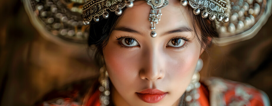 Beautiful chinese woman wearing an ornate headwear and ornate earrings	
