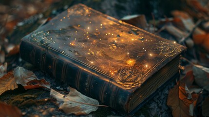 Mythical leather bound diary, chronicles of diverging paths fantasy illuminated by pulsating auroras
