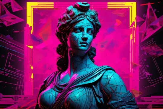 A statue of a Greek goddess with blue skin and glowing pink eyes stands in front of a pink and purple background