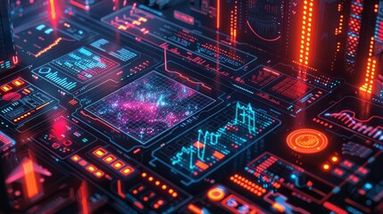 Obraz premium A circuit board with red and blue lights.