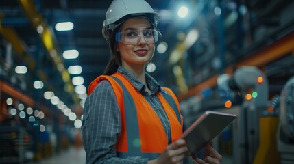 Fototapeta na wymiar Ultra-realistic image of a happy woman engineer in a vest and helmet holding a tablet