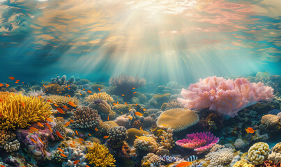 Vibrant coral reef with sun rays filtering through water. World Oceans Day concept. Design for posters, educational materials