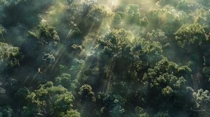 Craft a high-angle view of a mystical forest brimming with legendary creatures, blending dappled sunlight with ethereal shadows, using vivid digital art techniques