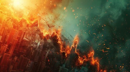 Obraz na płótnie Canvas A city on fire with a green background.